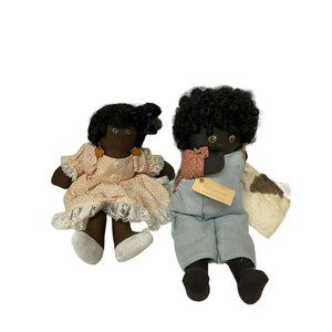 Tinas Cloth Boy Girl  Doll Black Hair Handmade Brown Painted Eyes‎ Shoes 11"